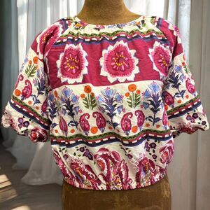 Boho Festival Catherine Malandrino Batik Print Puff Sleeve Cropped Blouse